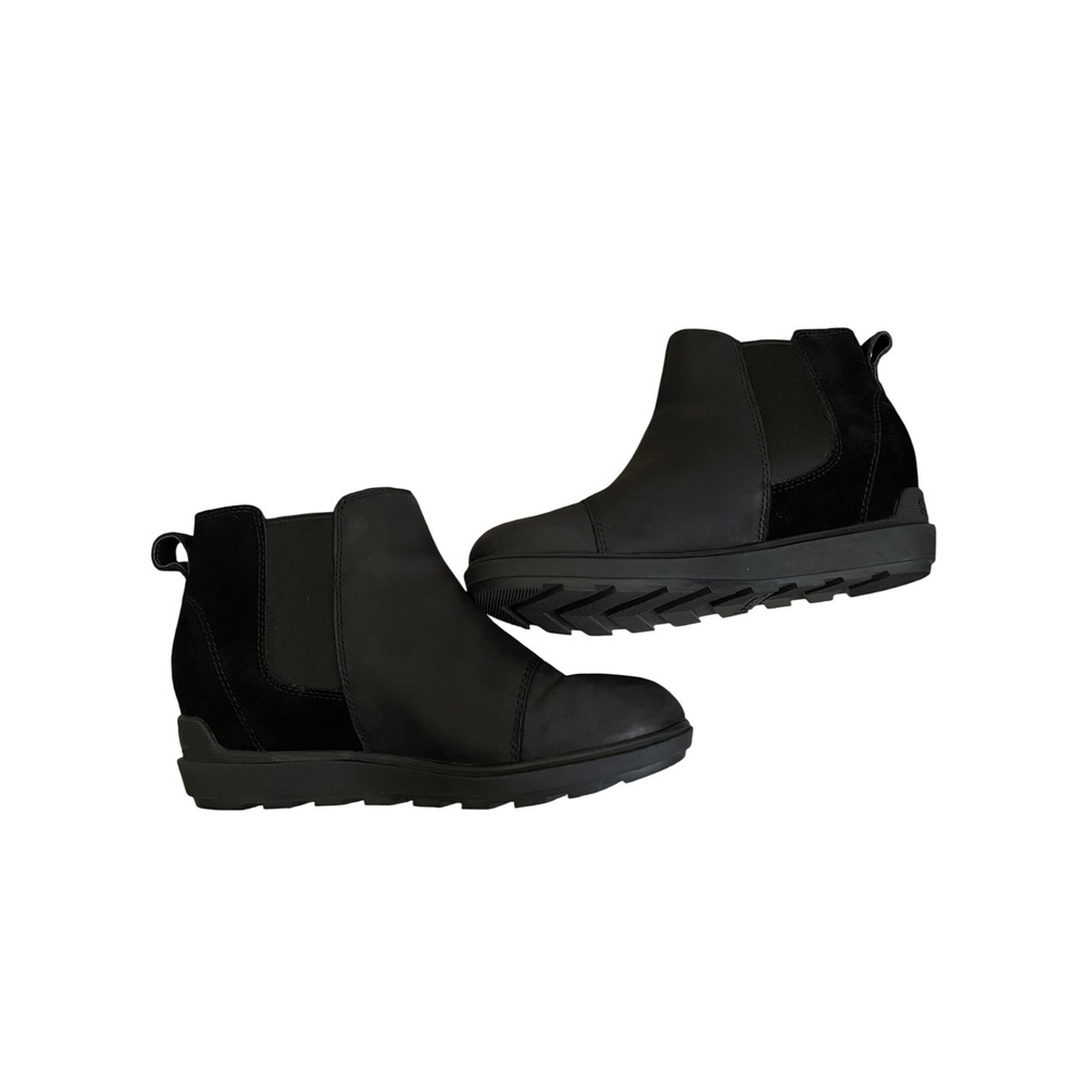 SOREL Evie II Wedge Chelsea Boot Black Leather Suede Waterproof 7.5 - Picture 2 of 10